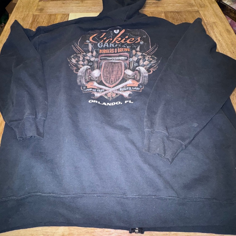 Sickies Garage Zip Up Hoodie Mens XL Black Excellent Hot Rod Orlando FL Graphic